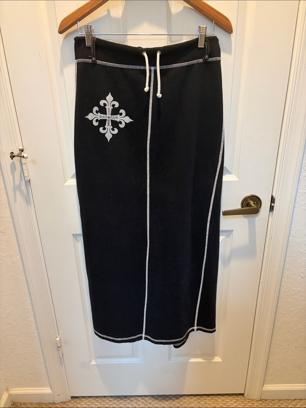 Black Maxi Skirt with Contrast Trim and Decorative Emblem